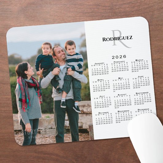 2026 Calendar Custom Photo Monogram Name on White マウスパッド