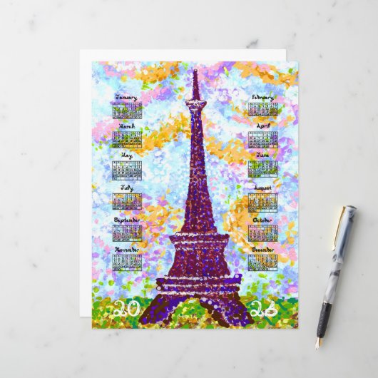 2026 Calendar Eiffel Tower Pointillism Landscape (正面/裏面インサイチュ)