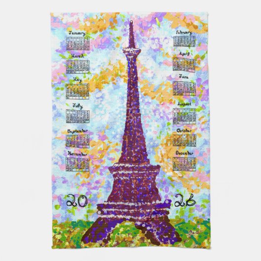 2026 Calendar Eiffel Tower Pointillism Landscape  キッチンタオル (縦)