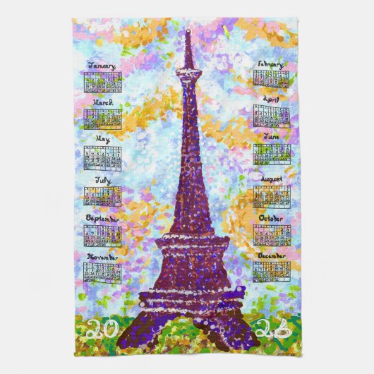 2026 Calendar Eiffel Tower Pointillism Landscape キッチンタオル (縦)
