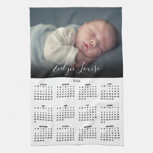 2026 Calendar Elegant Script Name Photo  キッチンタオル (縦)