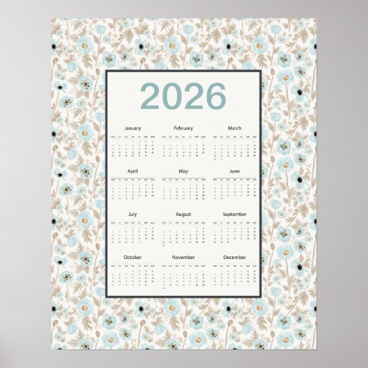 2026 Calendar Full Year Blue Cream Poppies ポスター (正面)