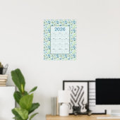 2026 Calendar Full Year Blue Floral ポスター (ホームオフィス)