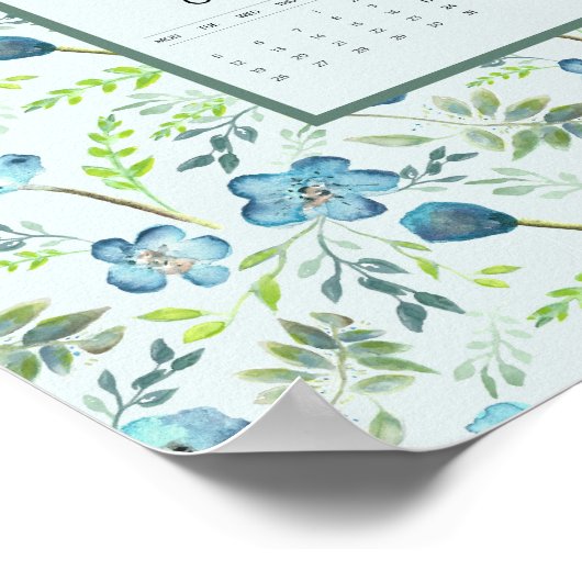 2026 Calendar Full Year Blue Floral ポスター (角)