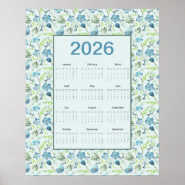 2026 Calendar Full Year Blue Floral ポスター