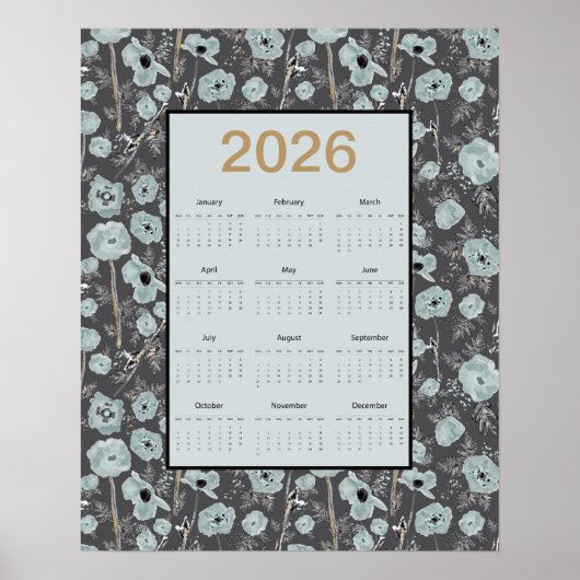 2026 Calendar Full Year Blue Gray Poppies ポスター (正面)
