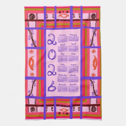 2026 Calendar Girl Power Curvy Plaid Frame キッチンタオル (縦)