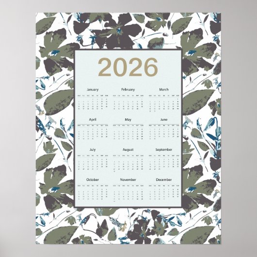 2026 Calendar Green Blue Clematis Floral ポスター (正面)