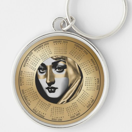 2026 Calendar Keychain Woman's  Art Deco Face Gold キーホルダー (正面)