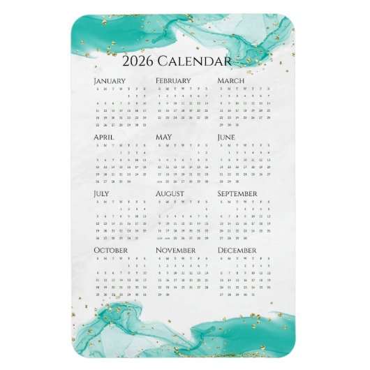 2026 Calendar Marbled Waves Tropical Teal and Gold マグネット (縦)