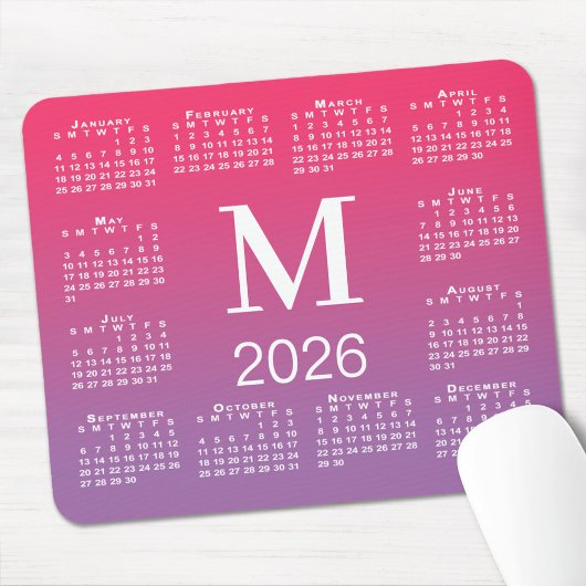 2026 Calendar Monogram on Pink to Purple Gradient マウスパッド
