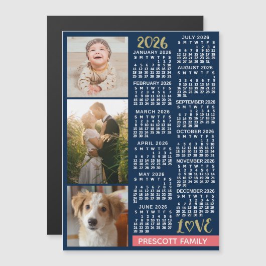 2026 Calendar Navy Coral Gold Custom Photo Collage マグネット招待状 (正面/裏面)