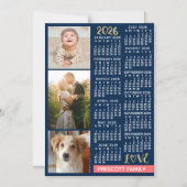 2026 Calendar Navy Coral Gold Custom Photo Collage マグネット招待状 (正面)