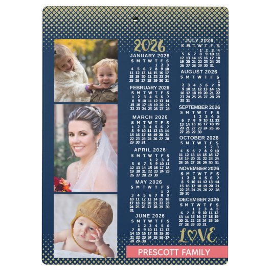 2026 Calendar Navy Coral Gold Family Photo Collage クリップボード (裏面)