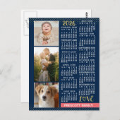 2026 Calendar Navy Coral Gold Family Photo Collage ポストカード (正面/裏面)