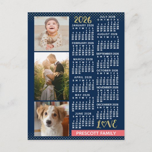 2026 Calendar Navy Coral Gold Family Photo Collage ポストカード (正面)