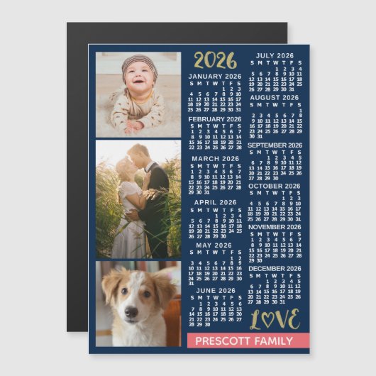 2026 Calendar Navy Coral Gold Photo Collage Magnet (正面/裏面)