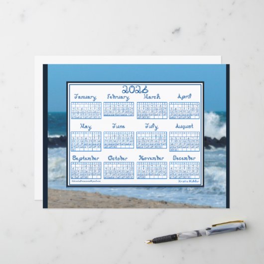 2026 Calendar Ocean Waves Beach Rocks Fabric Font (正面/裏面インサイチュ)