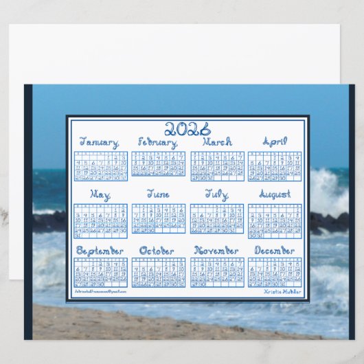 2026 Calendar Ocean Waves Beach Rocks Fabric Font (正面/裏面)