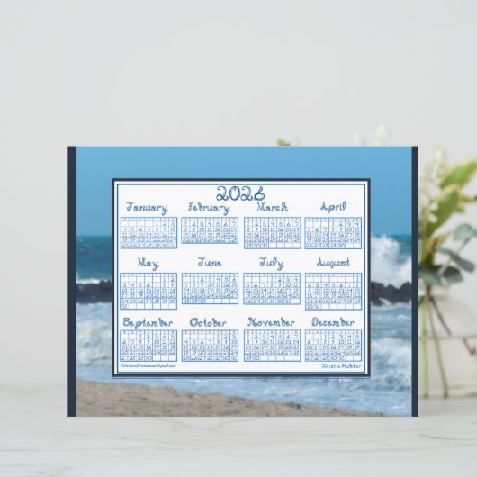 2026 Calendar Ocean Waves Beach Rocks Fabric Font (スタンド正面)