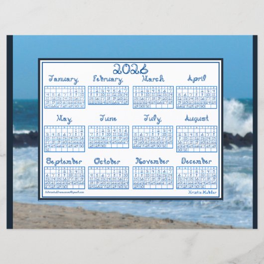 2026 Calendar Ocean Waves Beach Rocks Fabric Font (正面)