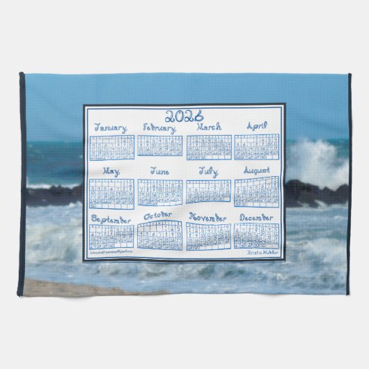2026 Calendar Ocean Waves Beach Rocks Fabric Font キッチンタオル (横)