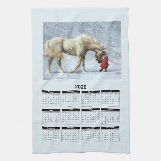 2026 Calendar of a Horse and Girl in Winter Snow キッチンタオル (縦)