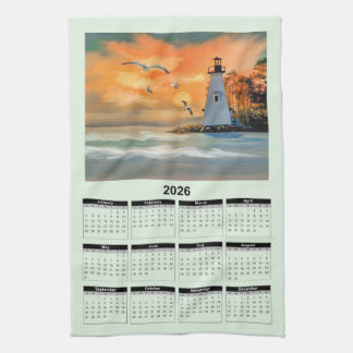 2026 Calendar of a White Lighthouse in Sunset キッチンタオル
