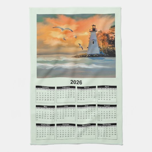 2026 Calendar of a White Lighthouse in Sunset キッチンタオル (縦)