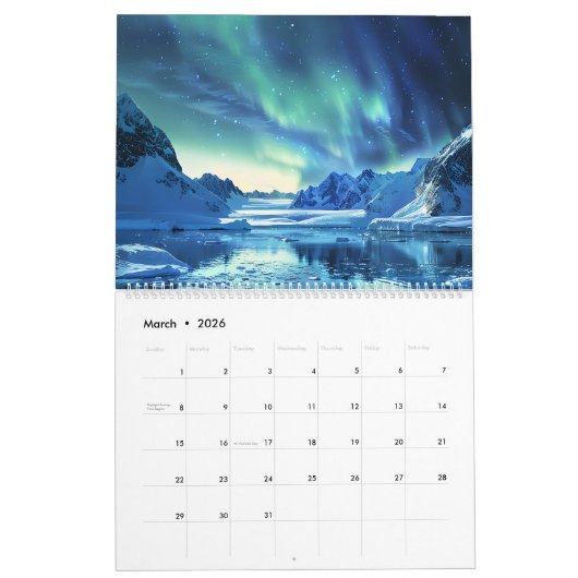 2026 Calendar of Aurora Borealis Artwork カレンダー (3月 2026)