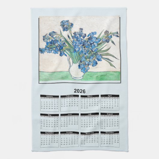 2026 Calendar of Van Gogh Blue Flowers in Vase キッチンタオル (縦)