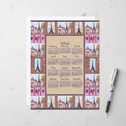 2026 Calendar Paris Eiffel Tower Pointillism Art (正面/裏面インサイチュ)
