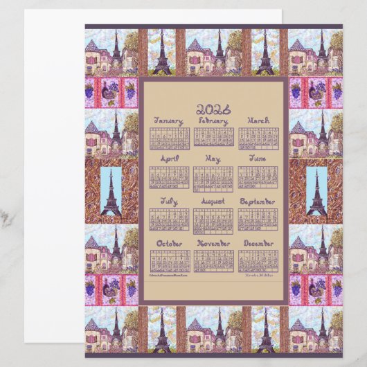 2026 Calendar Paris Eiffel Tower Pointillism Art (正面/裏面)