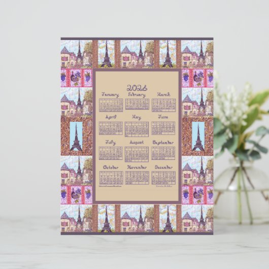 2026 Calendar Paris Eiffel Tower Pointillism Art (スタンド正面)
