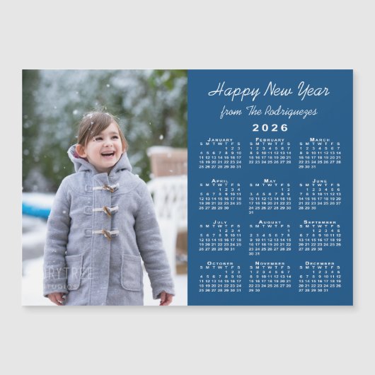 2026 Calendar Photo Happy New Year Blue Magnet (正面)