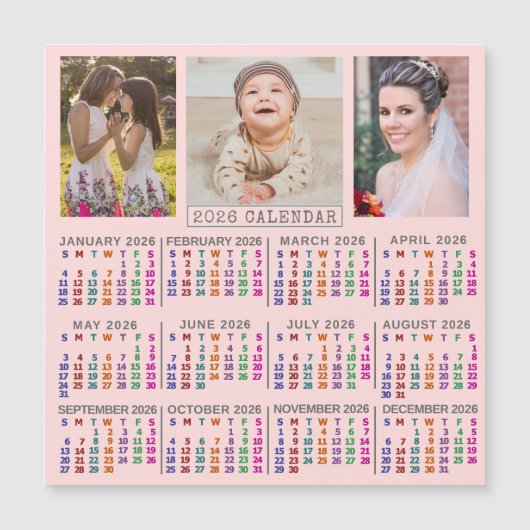 2026 Calendar Pink Family Photo Collage Magnet (正面)