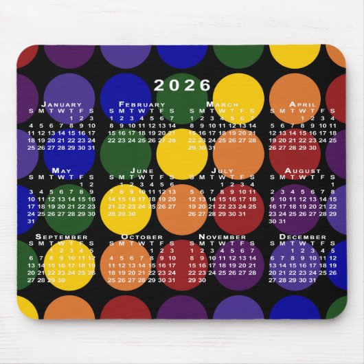 2026 Calendar Pride Rainbow Polka Dots on Black マウスパッド (正面)