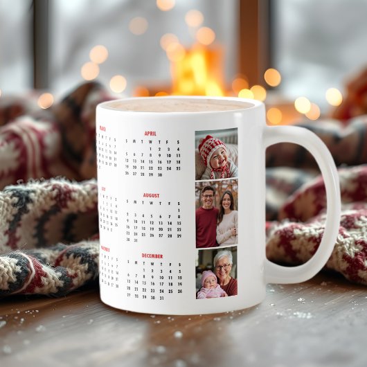 2026 calendar red photo collage three photo コーヒーマグカップ