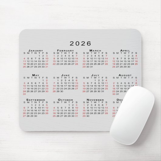 2026 Calendar Simple Gray Black Red マウスパッド (マウス)