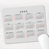 2026 Calendar Simple Gray Black Red マウスパッド