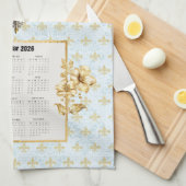 2026 Calendar Towel Blue Fleur de Lis Parisian キッチンタオル (四つ折り)