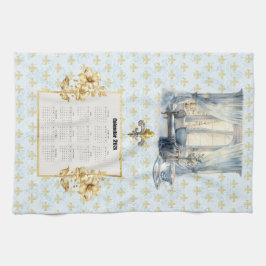 2026 Calendar Towel Blue Fleur de Lis Parisian  キッチンタオル