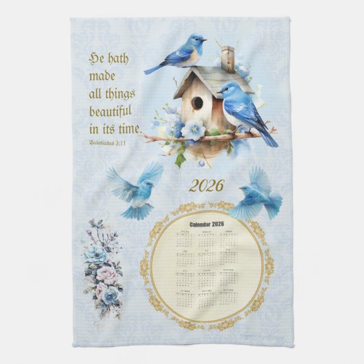 2026 Calendar Towel Bluebirds Birdhouse Ecc 3:11 キッチンタオル (縦)