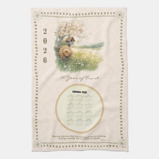 2026 Calendar Towel Christian Pastel Country Scene キッチンタオル (縦)