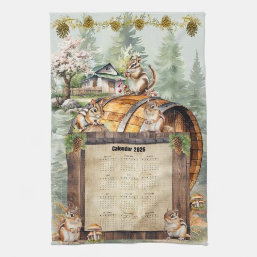 2026 Calendar Towel Cute Chipmunks キッチンタオル (縦)