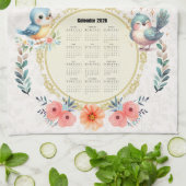 2026 Calendar Towel Cute Folk Floral Birds  キッチンタオル (折り畳み)