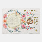 2026 Calendar Towel Cute Folk Floral Birds  キッチンタオル (横)