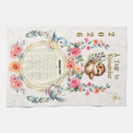 2026 Calendar Towel Cute Folk Floral Birds  キッチンタオル