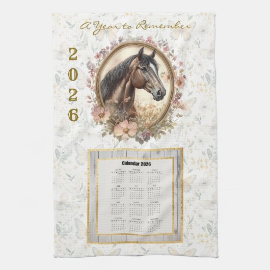 2026 Calendar Towel  Floral Horse and Butterfly キッチンタオル (縦)