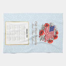 2026 Calendar Towel God Bless America Flag Poppies キッチンタオル